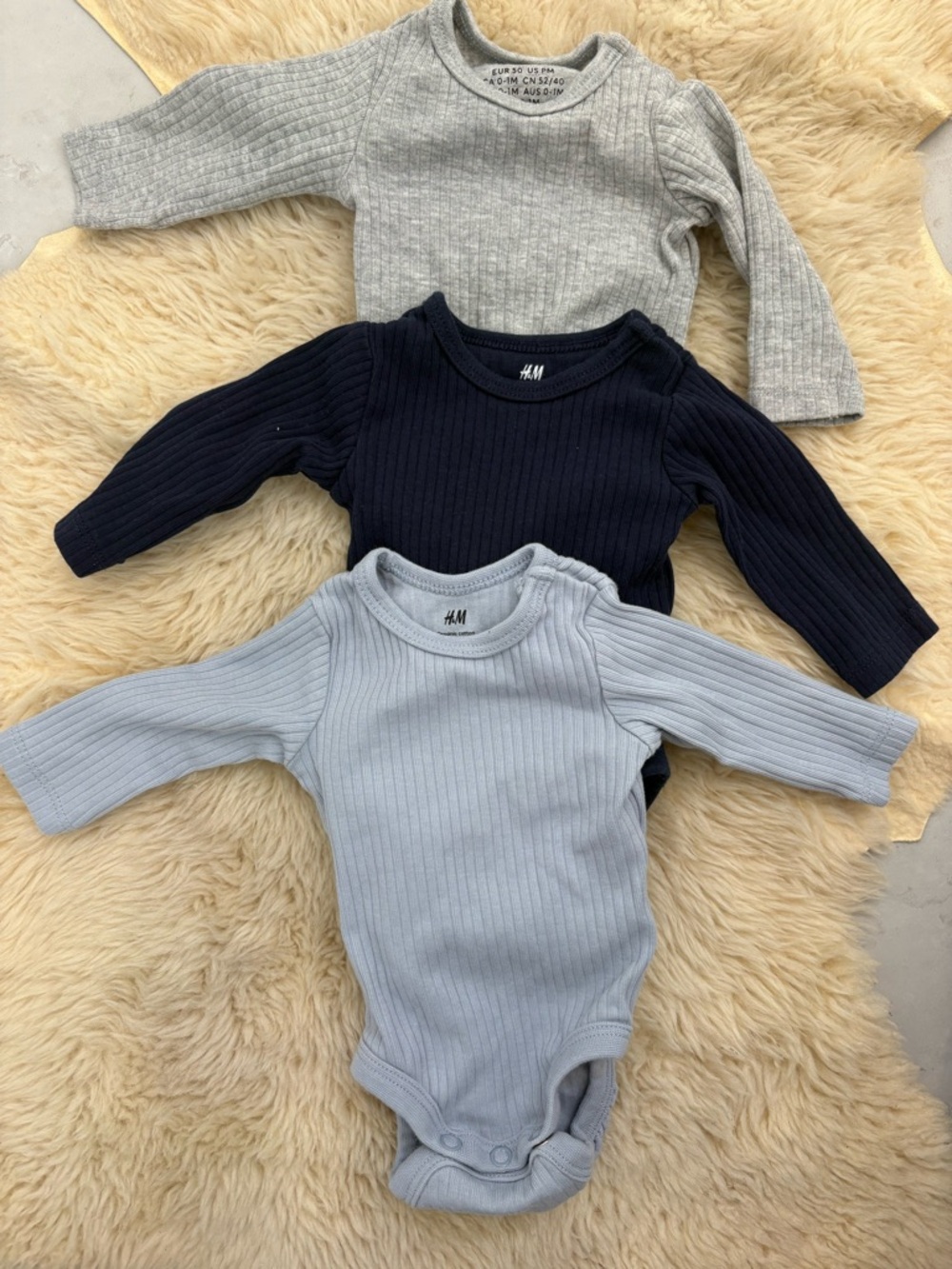 H&M Ribbed Long-Sleeve Baby Bodysuits - Light Blue, Navy, Gray